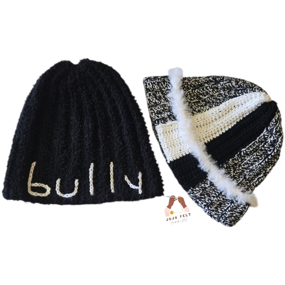 "Cruella de Vil" Ribbed Beanie w/Fur & "Bully" Crochet Beanie, Adult, Handmade - Picture 2 of 4